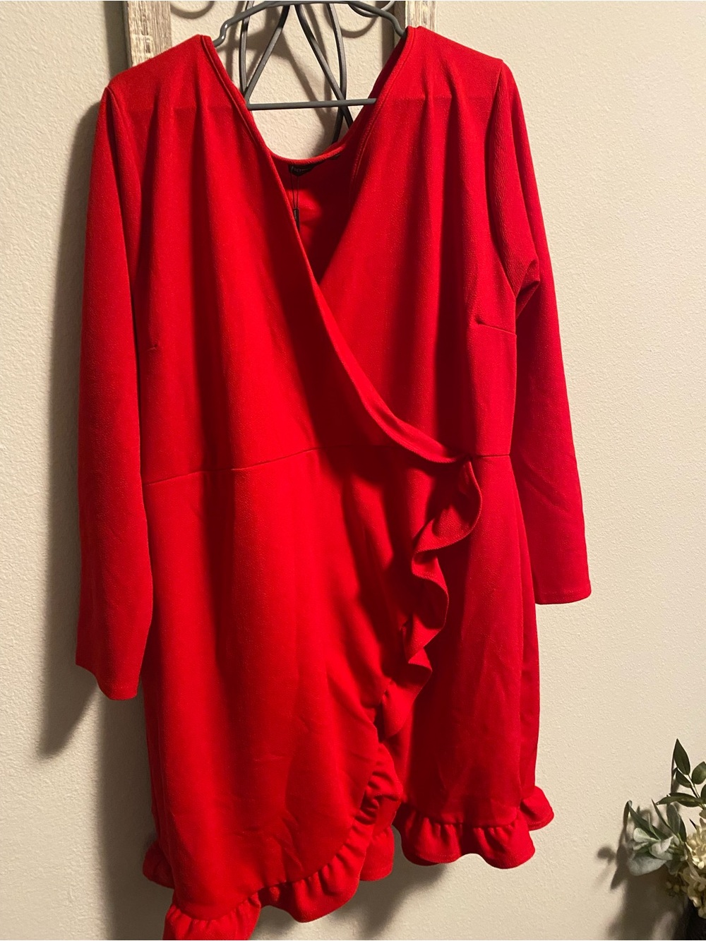 PrettyLittleThing Red Long Sleeve Ruffle Wrap Dress